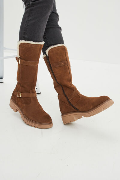 Bottes fourrées en cuir camel fille