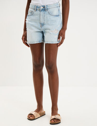 Short en jean d&eacute;chir&eacute; coton denim bleach femme