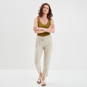 Pantalon droit fluide en mélange de lin beige femme