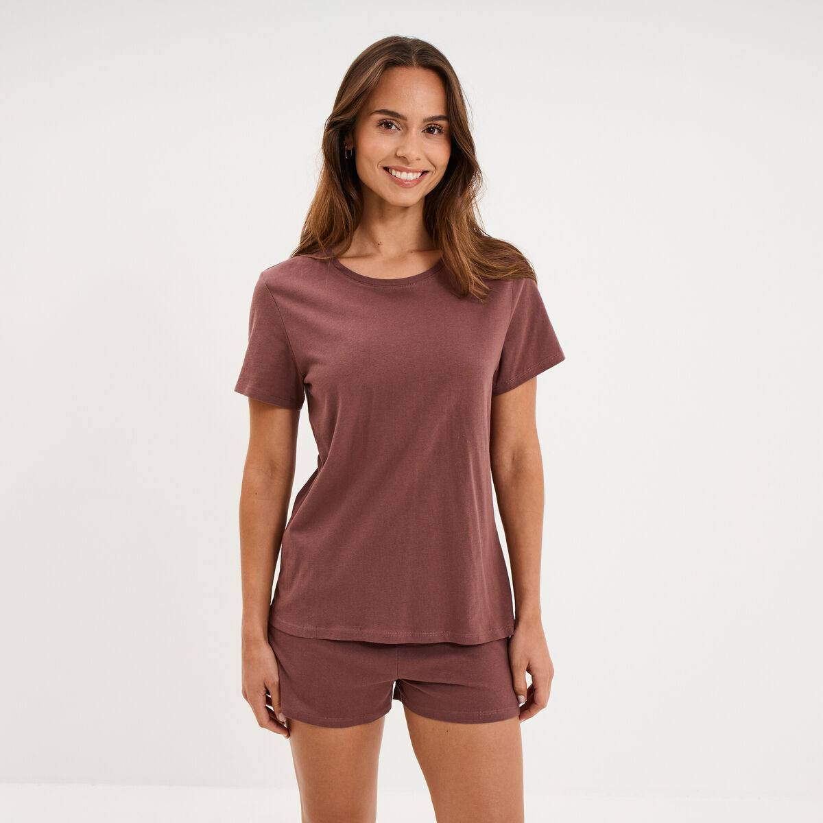 Ensemble pyjama short t-shirt coton marron chocolat femme