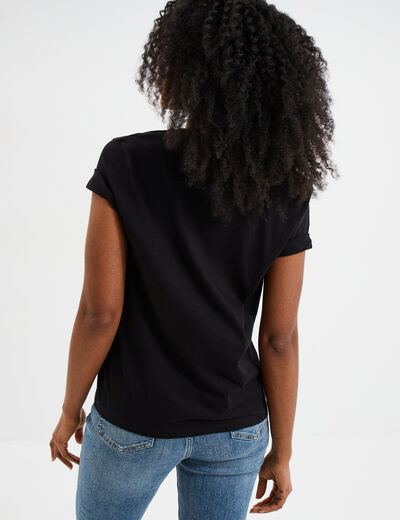 T-shirt col rond manches courtes coton noir femme