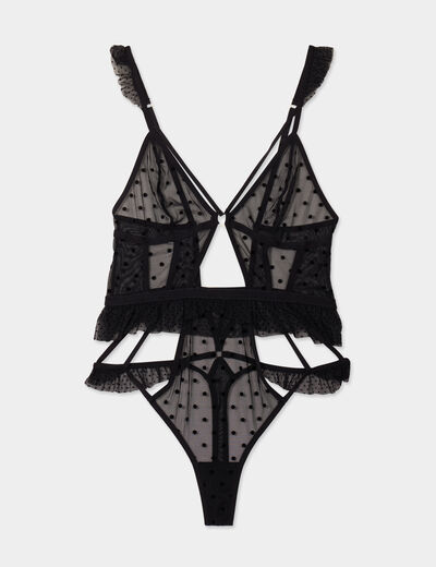 Body plumetis string avec volants noir femme