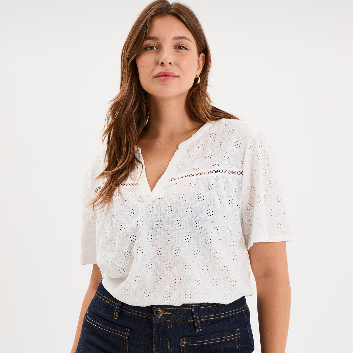 T-shirt broderie anglaise col tunisien blanc femme grande taille