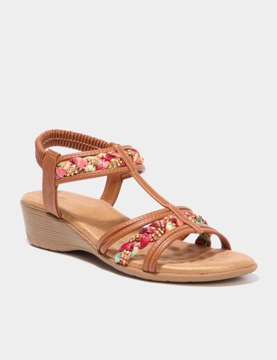 Sandales compens&eacute;es 5 cm d&eacute;tails bijoux marron femme
