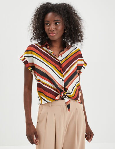 Chemise satin nouée manches courtes multicolore femme
