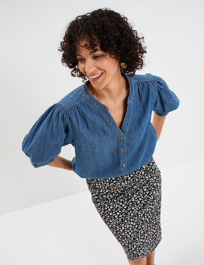Blouse manches ballons en jean coton denim stone femme