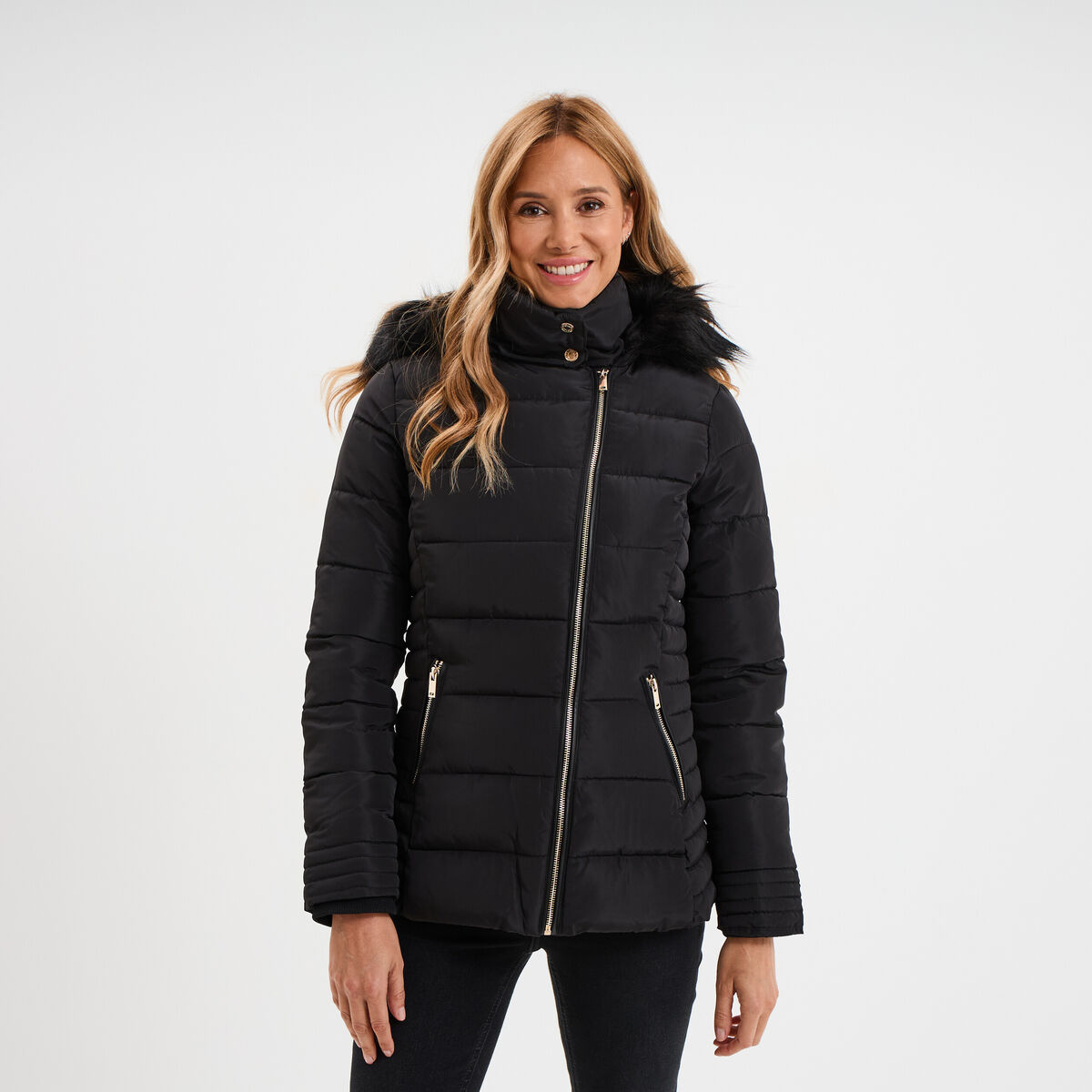 Doudoune d&eacute;perlante &agrave; capuche amovible noir femme