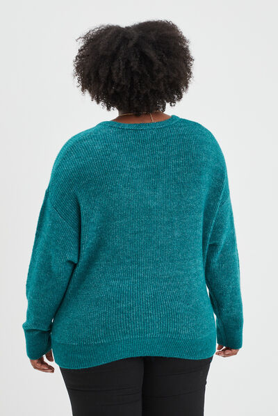 Pull manches chauves-souris col en V bleu canard femme grande taille