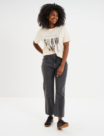 T-shirt strass et manches courtes creme femme