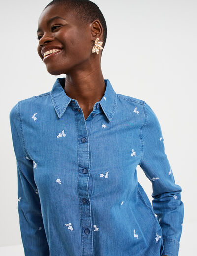 Chemise en jean brod&eacute;e bleu femme