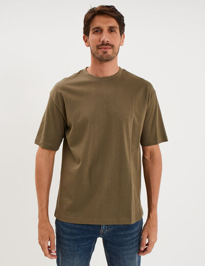 T-shirt col rond coupe relax coton &eacute;pais vert kaki homme