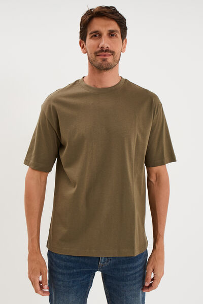 T-shirt col rond coupe relax coton &eacute;pais vert kaki homme