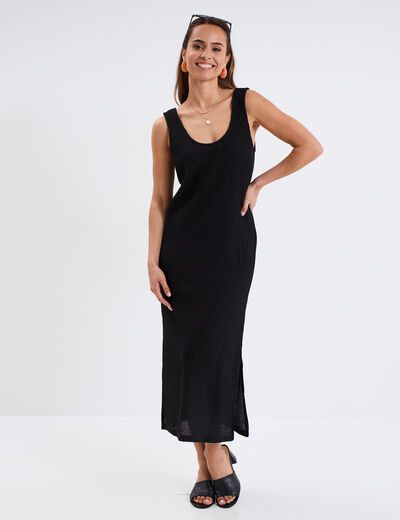 Robe longue en crochet bretelles larges noir femme
