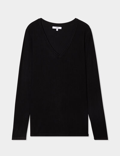 Pull ajusté avec col en V noir femme