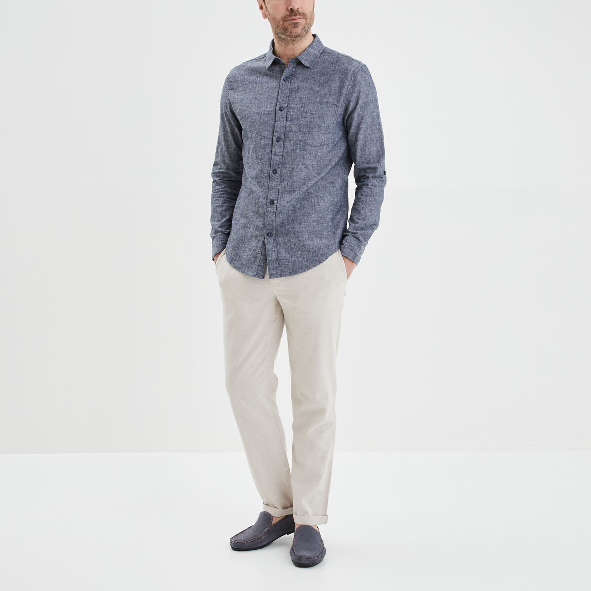 Pantalon chino droit lin m&eacute;lang&eacute; gris clair homme