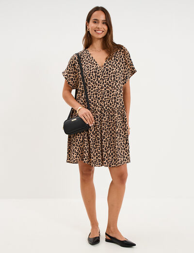 Robe courte fluide manches courtes beige clair femme
