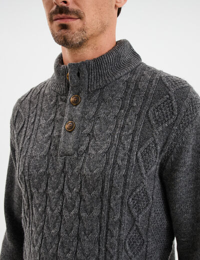 Pull col montant boutonn&eacute; et torsades gris fonc&eacute; homme