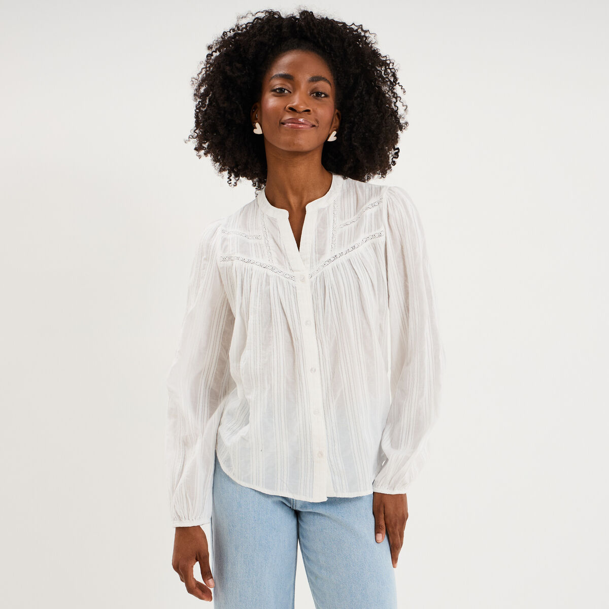 Blouse droite col tunisien coton blanc femme