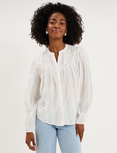 Blouse droite col tunisien coton blanc femme