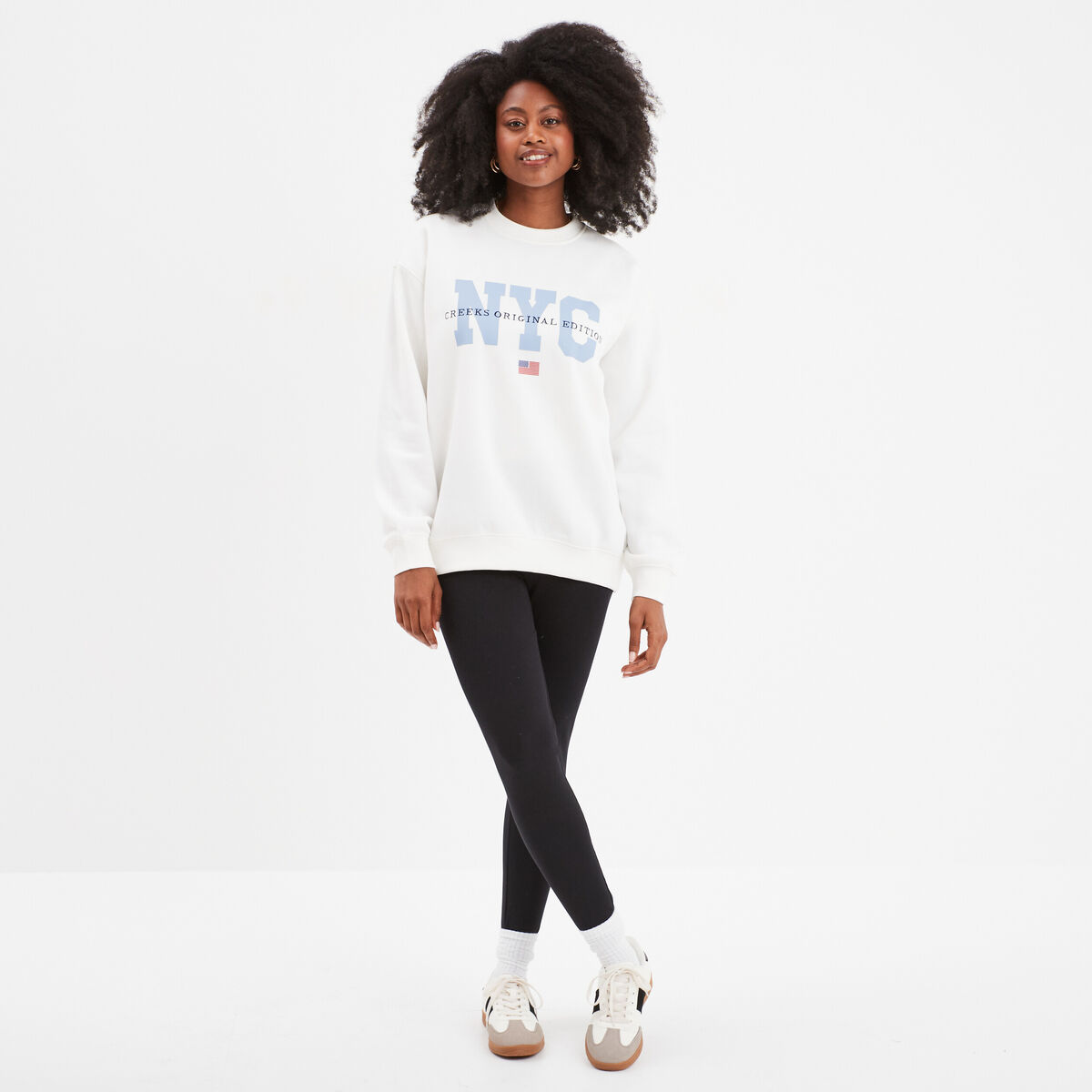 Sweat oversize printé col rond Creeks blanc femme