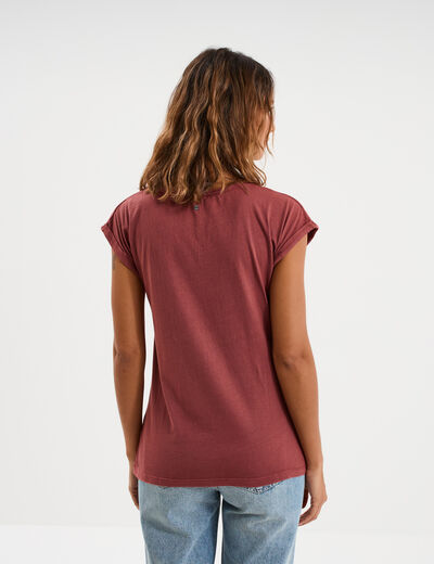 T-shirt coton col en V manches courtes bordeaux femme
