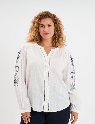 Blouse manches brodées col tunisien blanc femme grande taille