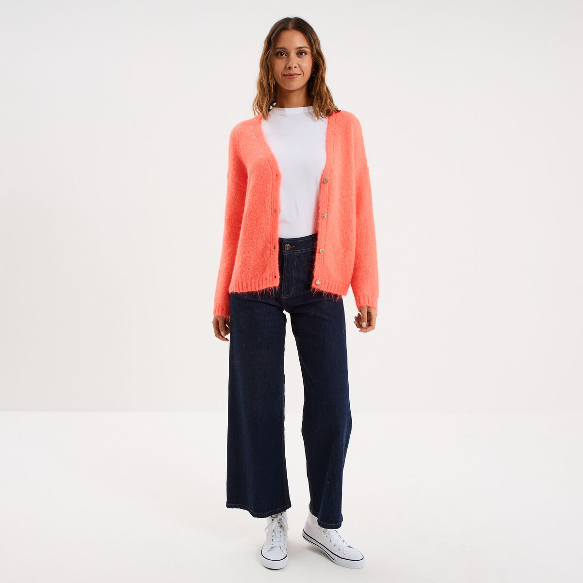 Gilet col en V manches longues rose fluo femme
