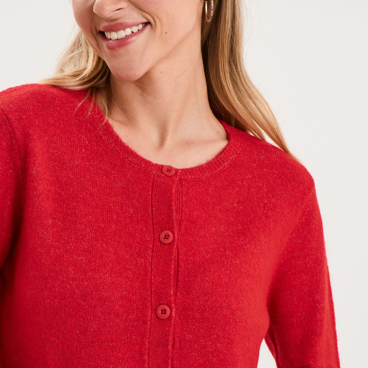 Gilet col rond manches longues rouge femme