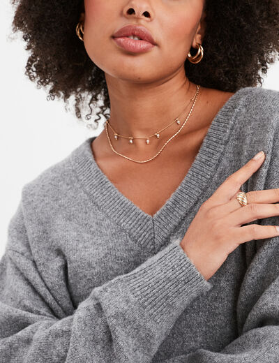 Pull col en V manches ballons gris femme