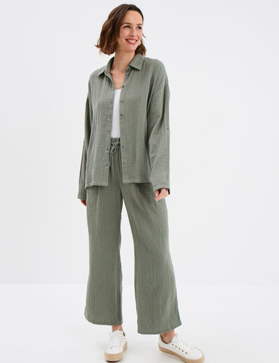 Pantalon fluide élastiqué gaze de coton vert kaki femme