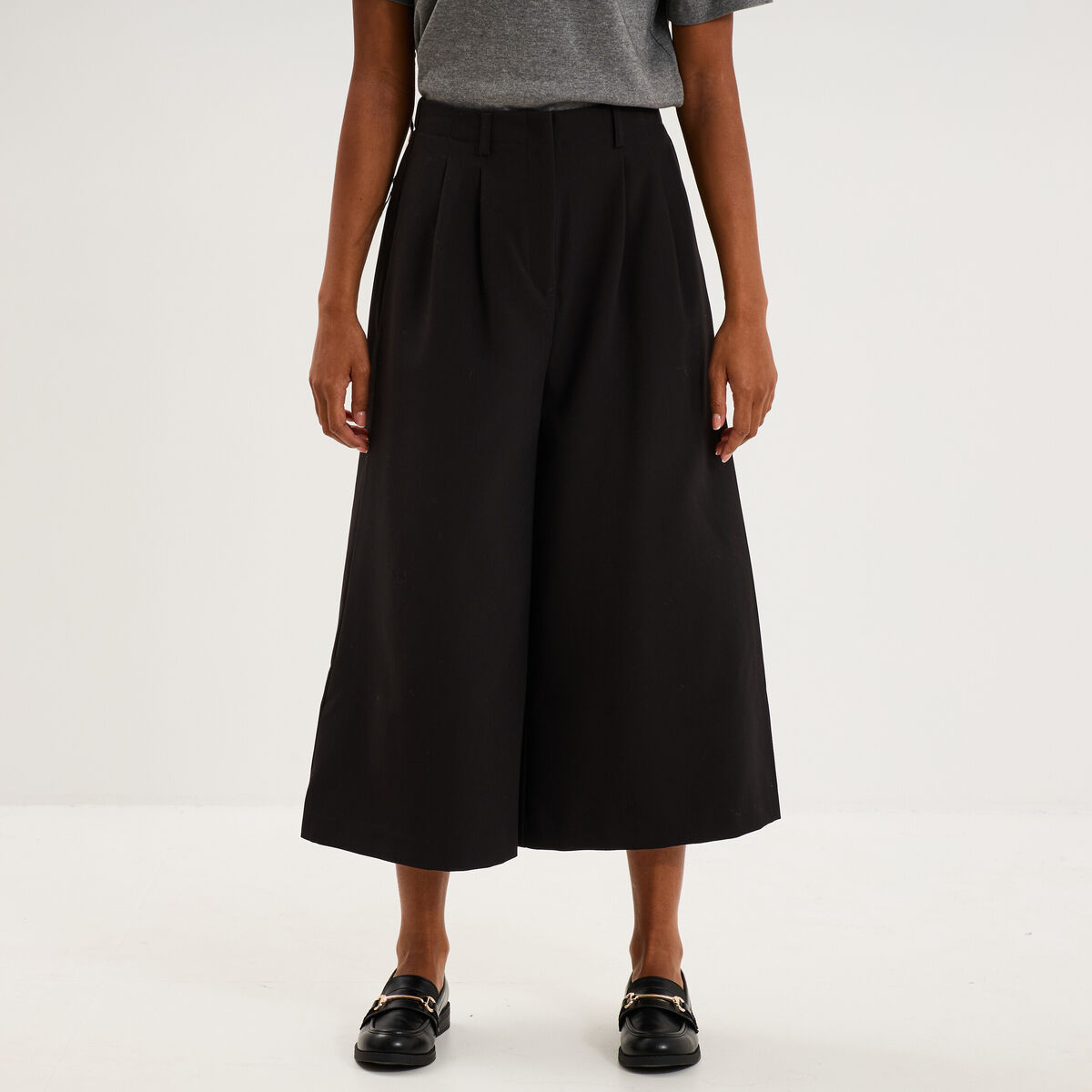Pantalon culotte large taille haute noir femme