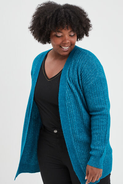 Gilet long côtelé col châle bleu canard femme grande taille