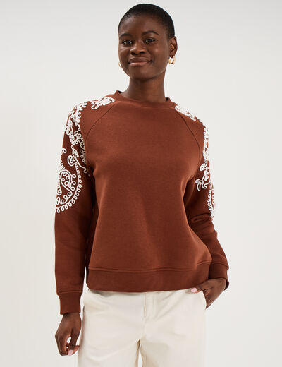 Sweat manches brod&eacute;es col rond marron fonc&eacute; femme