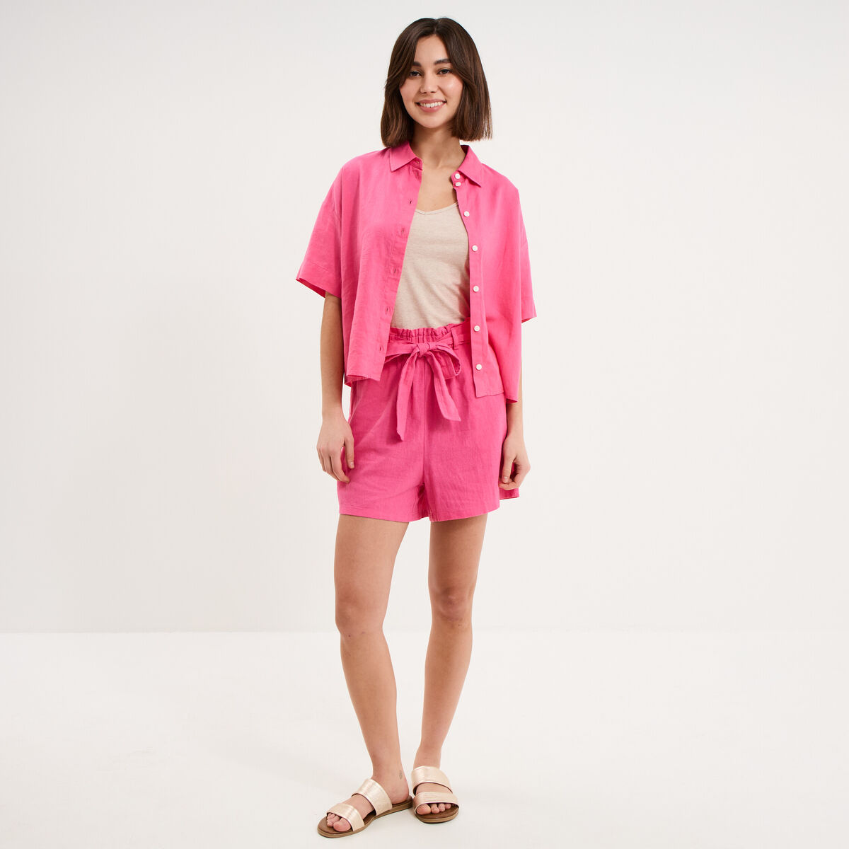Chemise manches courtes lin m&eacute;lang&eacute; rose fushia femme