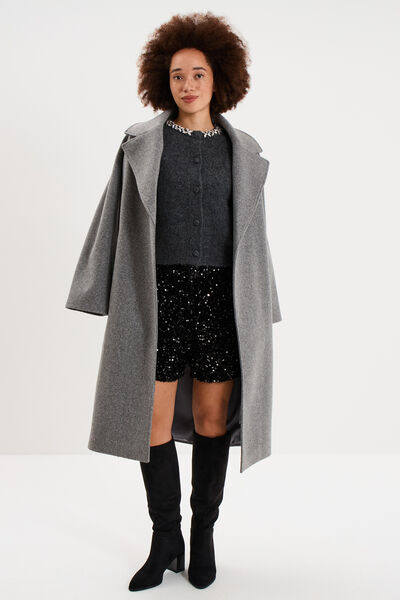 Gilet col rond bijou manches courtes gris fonc&eacute; femme