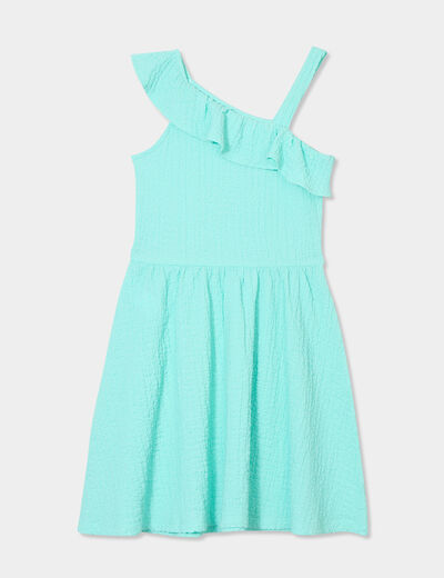 Robe courte col asymétrique à volants bleu turquoise fille