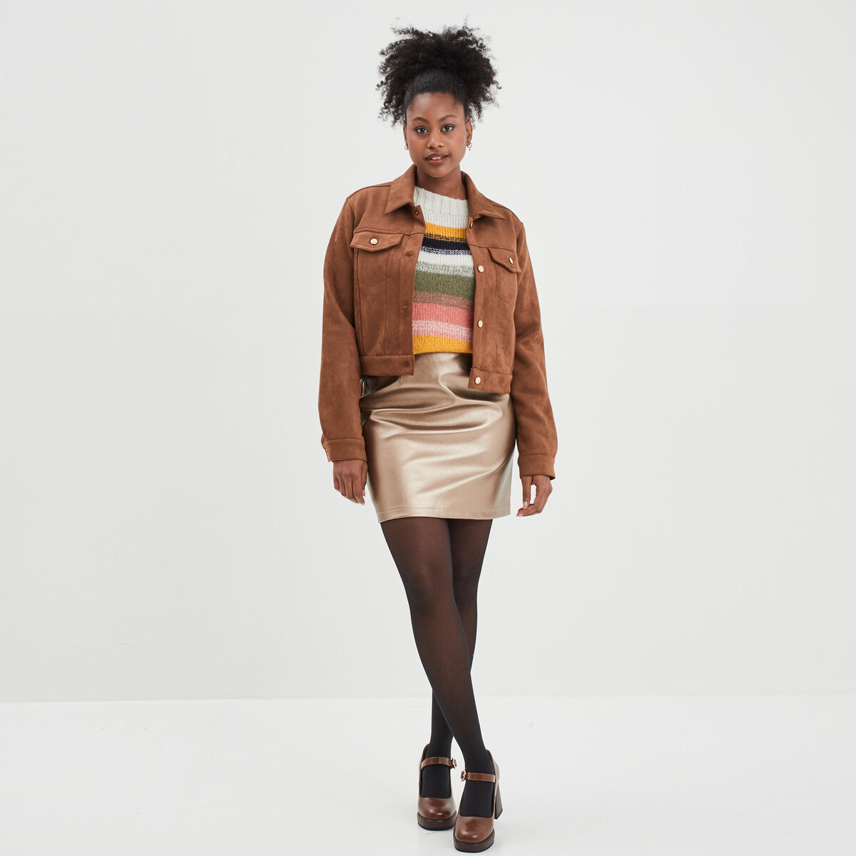Jupe droite simili cuir métallisée jaune or femme