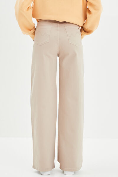 Pantalon large taille haute beige femme