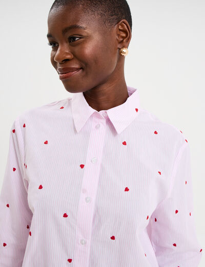 Chemise brod&eacute;e manches longues rose femme