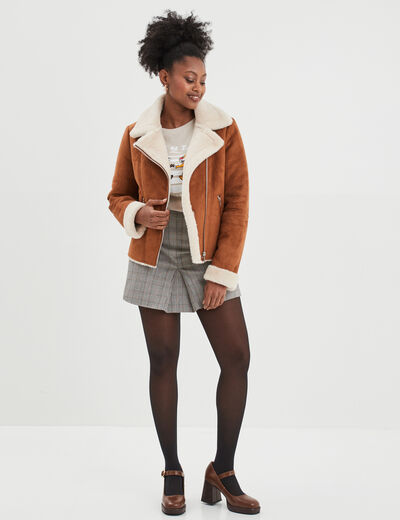Veste col aviateur zippée doublée camel femme