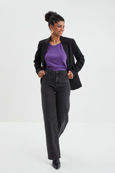 Jeans wide leg taille haute coton denim noir femme
