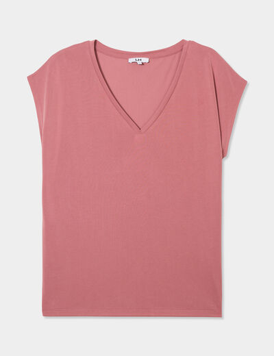 T-shirt col en V manches courtes vieux rose femme