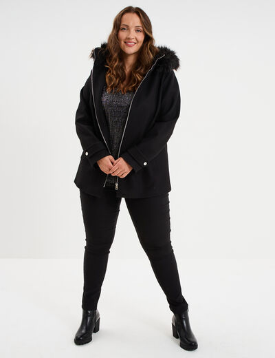 Manteau zipp&eacute; &agrave; capuche fausse fourrure noir femme grande taille