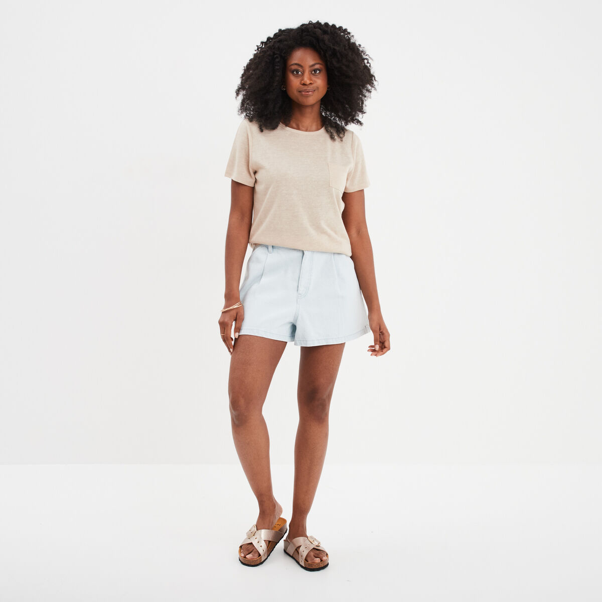 T-shirt col rond 1 poche manches courtes beige femme