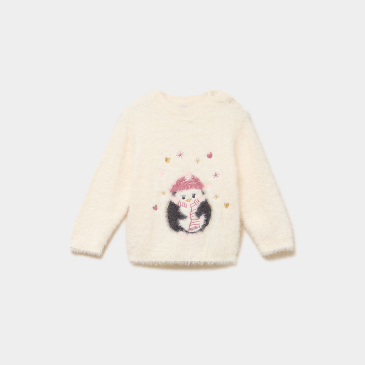 Pull duveteux col rond &eacute;paule boutonn&eacute;e creme b&eacute;b&eacute; fille