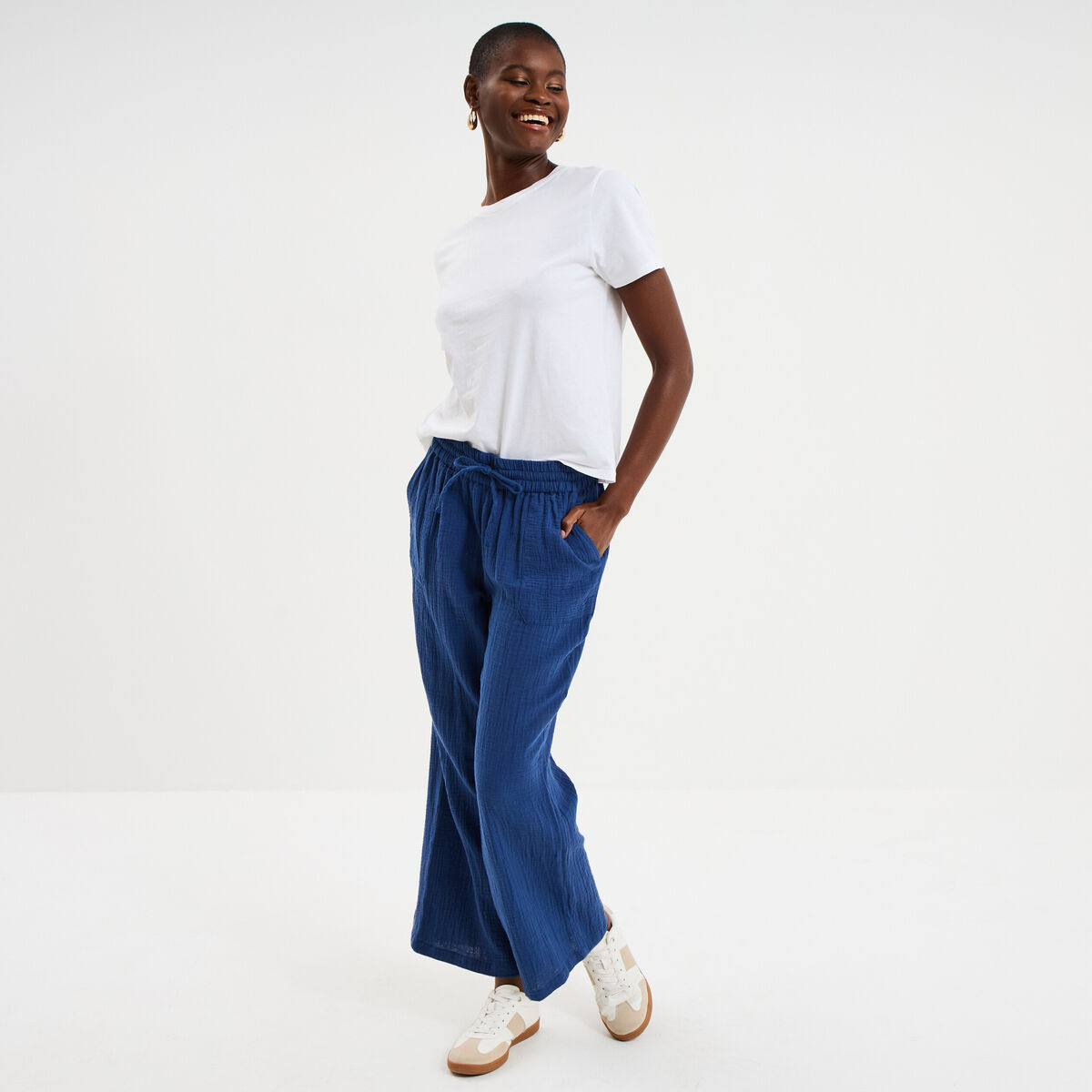 Pantalon fluide &eacute;lastiqu&eacute; gaze de coton bleu marine femme