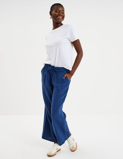 Pantalon fluide &eacute;lastiqu&eacute; gaze de coton bleu marine femme