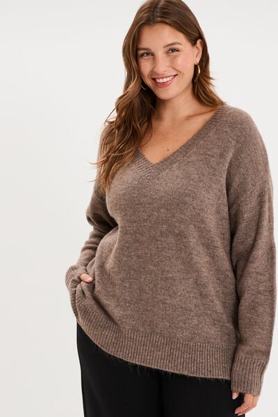 Pull droit col en V manches longues taupe femme grande taille
