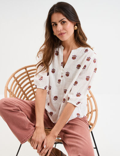 Blouse col tunisien manches 3/4 coton blanc femme