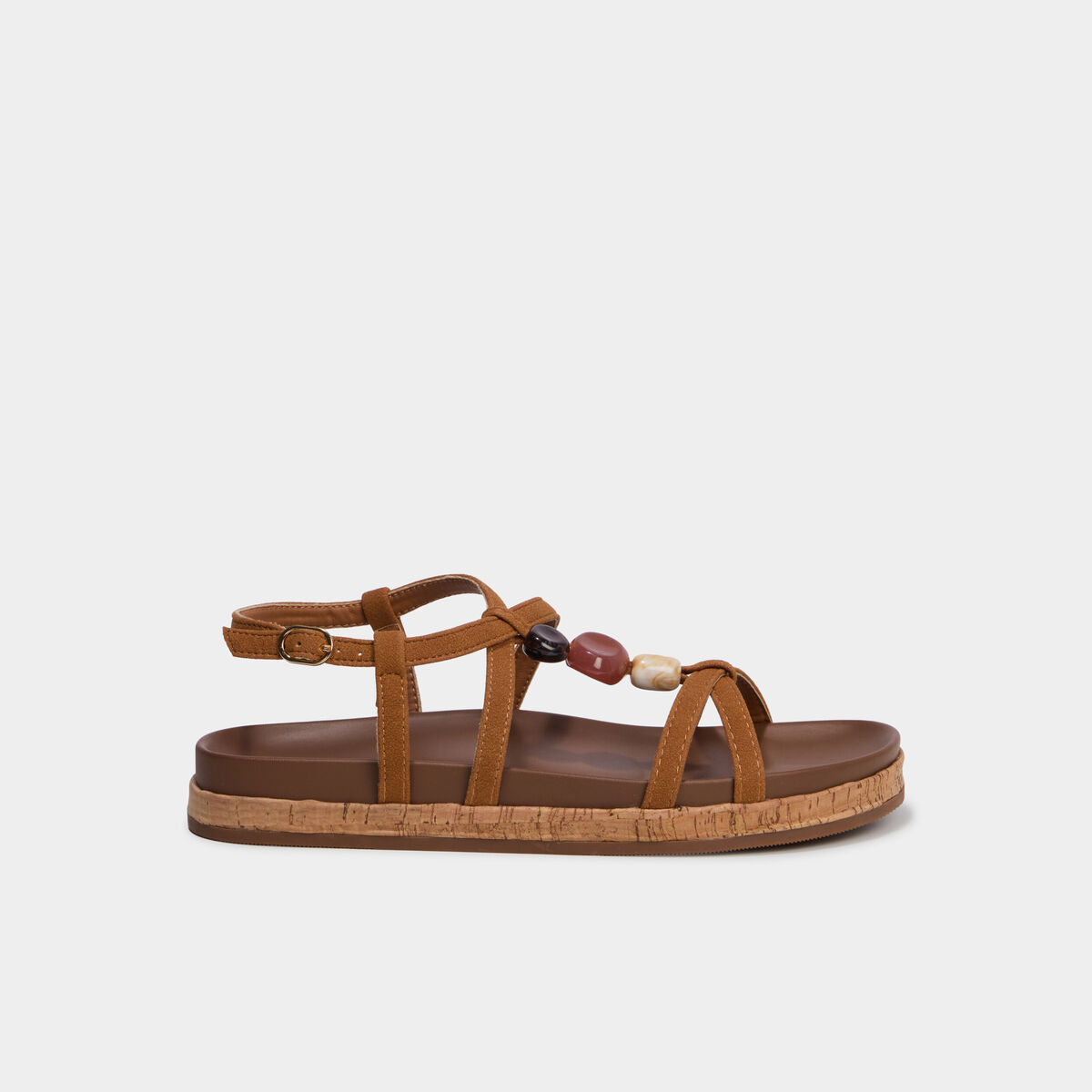 Sandales plates avec d&eacute;tails perles marron femme